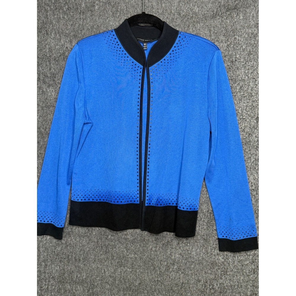 Ming Wang Royal Blue Black Rhinestone Embellished Open Front Cardigan XS